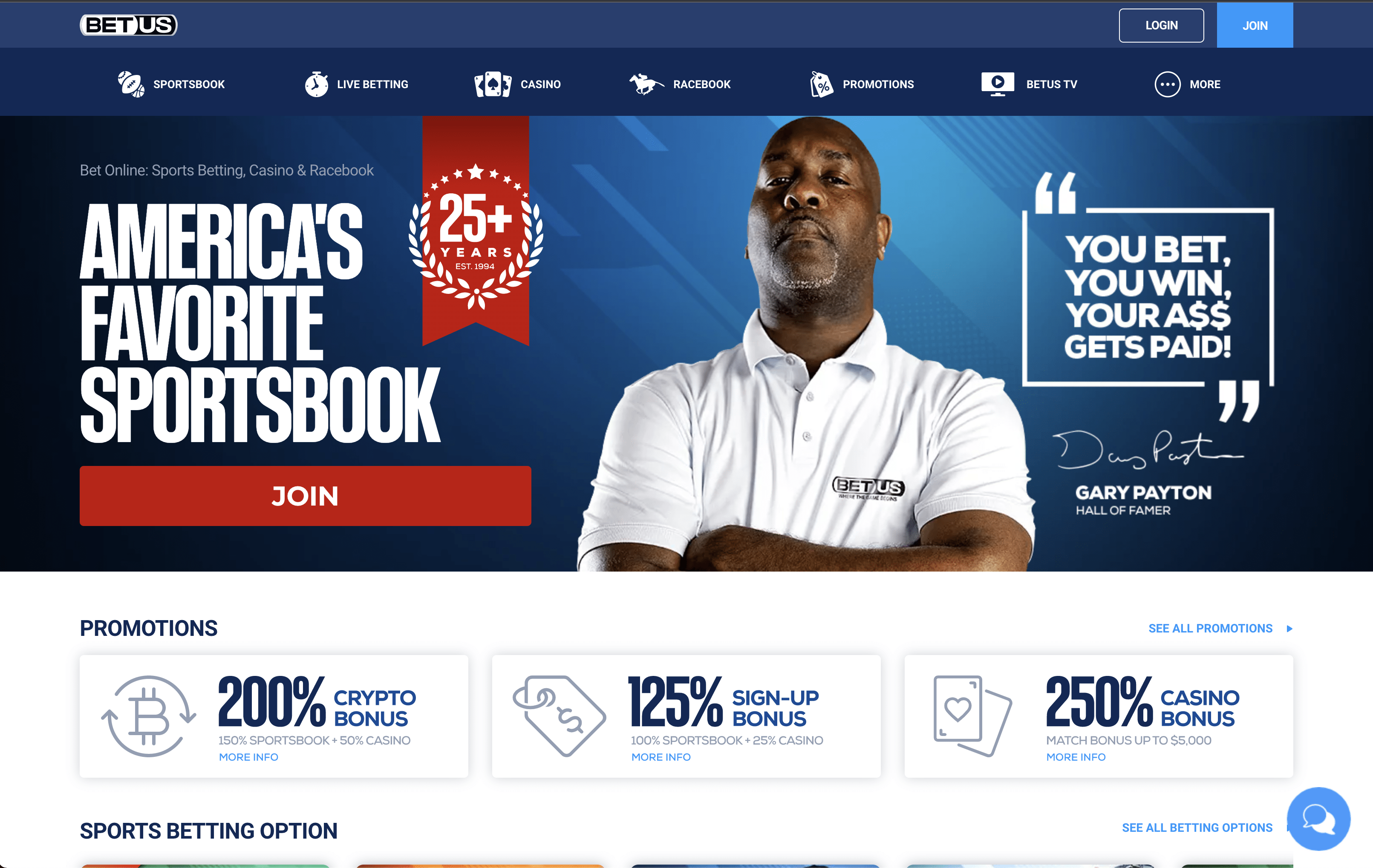 BetUs Sportsbook home Page